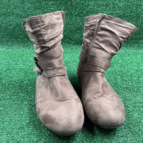 Women's Faux Suede Calf Flat Heel Side Zipper Slouch Ankle Boots Brown Size 8 - Picture 1 of 14